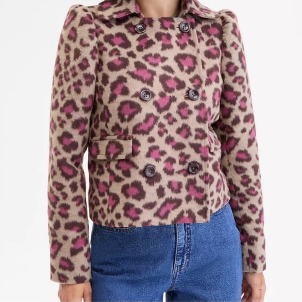 Double-Breasted Leopard Print Pea Coat in Beige and Pink